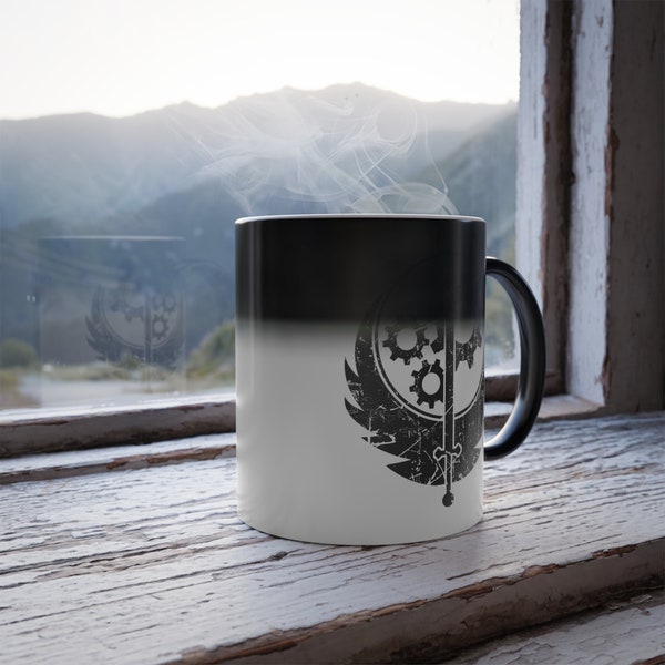Reactive Fallout Mug, Brotherhood Of Steel Merch, 11oz Color Changing Mug For TV Series Fans, Gifts For Gamers, Worn Graphic, Subtle Design