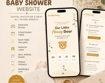 Website voor gepersonaliseerde babyshoweruitnodigingen | Digitale, deelbare uitnodiging met RSVP | Thema: Honingbeer | Demo beschikbaar