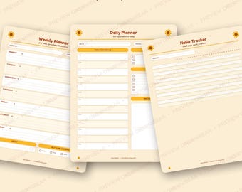 Printbare plannerset met zonnebloemmotief | Weekplanner, dagplanner, doelenplanner, gewoonteplanner, takenlijst | (Digitale download)