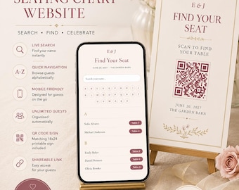 Website voor een gepersonaliseerde tafelindeling voor uw bruiloft | Digitaal QR-codebord | Alfabetische gastenindeling | Demo beschikbaar