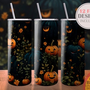 Tumbler Wrap Seamless Pattern Halloween Smiling Pumpkin Sublimation Design Template Skinny 20oz Digital Download Water Bottle Instant PNG