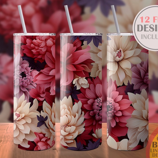 Chrysanthemums Dahlias Asters Sublimation Design 20oz Skinny Water Bottle Wrap Tumbler Instant Digital Download PNG Format Template