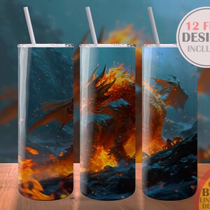 Fire Dragon Artwork Watercolor Drawing Sublimation Design Template Skinny Tumbler Digital Download PNG Straight Wrap Instant 20oz