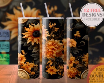 Vibrant Sunflower Black Background Clock Sublimation Template 20oz Skinny Tumbler Design Wrap Water Bottle Digital Instant Download PNG File