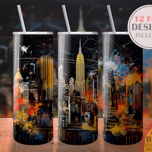 New York City Skyline Night Sublimation Design Template Skinny Tumbler Digital Download 20oz Straight Wrap PNG Format Abstract City