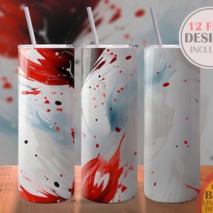 May include: Three stainless steel tumblers with a white background and red and blue abstract paint splatter design. The tumblers are on a wooden surface. 12 FREE DESIGNS INCLUDED. PART OF THE BUNDLE LINK IN THE DESCRIPTION.