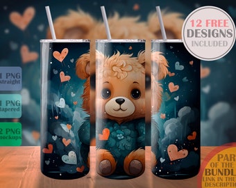 Valentine&#39;s Day Teddy Bear Heart Love Sublimation Design Template Skinny Tumbler Digital Download PNG Wrap Water Bottle Instant 20oz