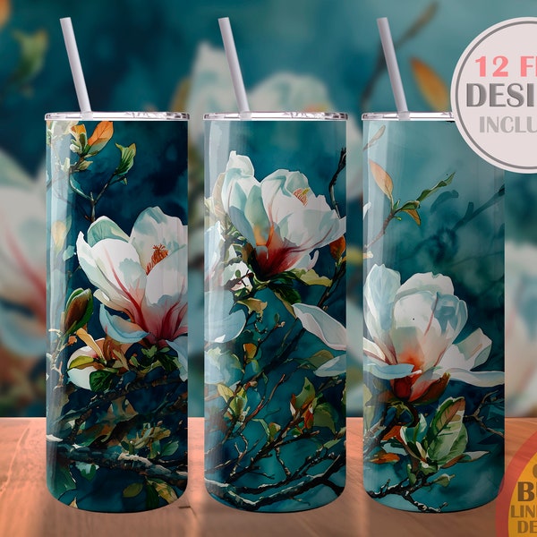 Magnolia Blossom Flower Watercolor Drawing Sublimation Design Template Skinny Tumbler Digital Download PNG Straight Wrap Instant 20oz Gift