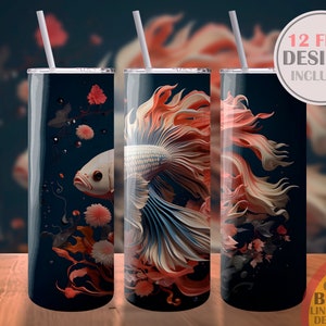 May include: Three stainless steel tumblers with a design of a pink and white fish with a dark blue background. The tumblers are 20 oz and have a straw.