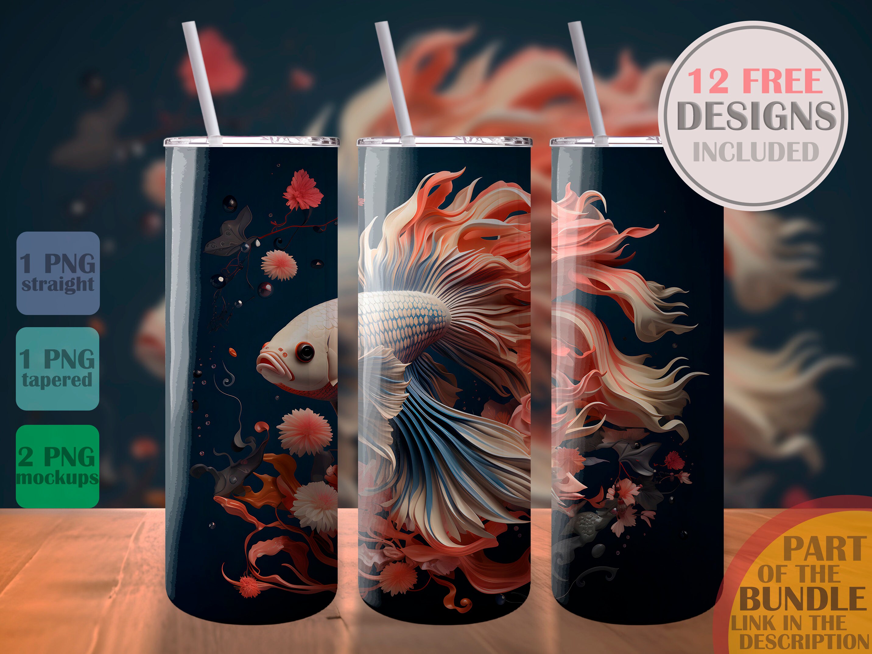 Tropical Betta Fish Coral Reef Sublimation Design Template Skinny Tumbler Digital Download PNG Straight Wrap Water Bottle Instant 20oz