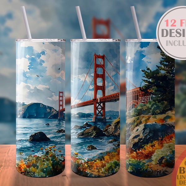 San Francisco City Golden Gate Bridge landscape Sublimation Design Template Skinny Tumbler PNG Straight Wrap 20oz Instant Digital Download