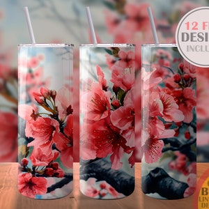 Spring Cherry Blossom Watercolor Drawing Sublimation Design Template Skinny Tumbler Digital Download PNG Straight Wrap Instant 20oz Gift