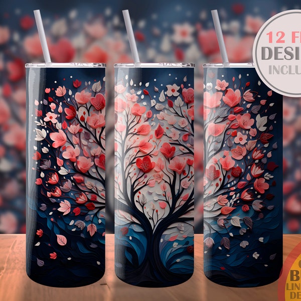 Flowering Tree Sublimation Design 20oz Skinny Tumbler Digital Download PNG Wrap Template Valentine's Day Love Romantic Pink Blossom