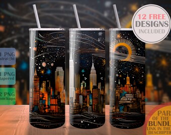 Amazing New York City Sublimation Design Template Skinny Tumbler PNG Straight Wrap 20oz Instant Digital Download Skyscraper Night