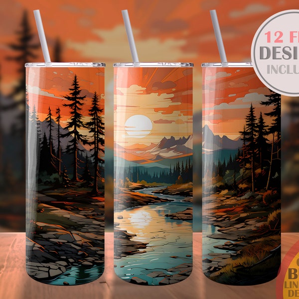 Serene Landscape Winding River Surrounded Tree Mountain Sky Ablaze Color Sunset Sublimation Design Skinny Tumbler Digital PNG Wrap 20oz