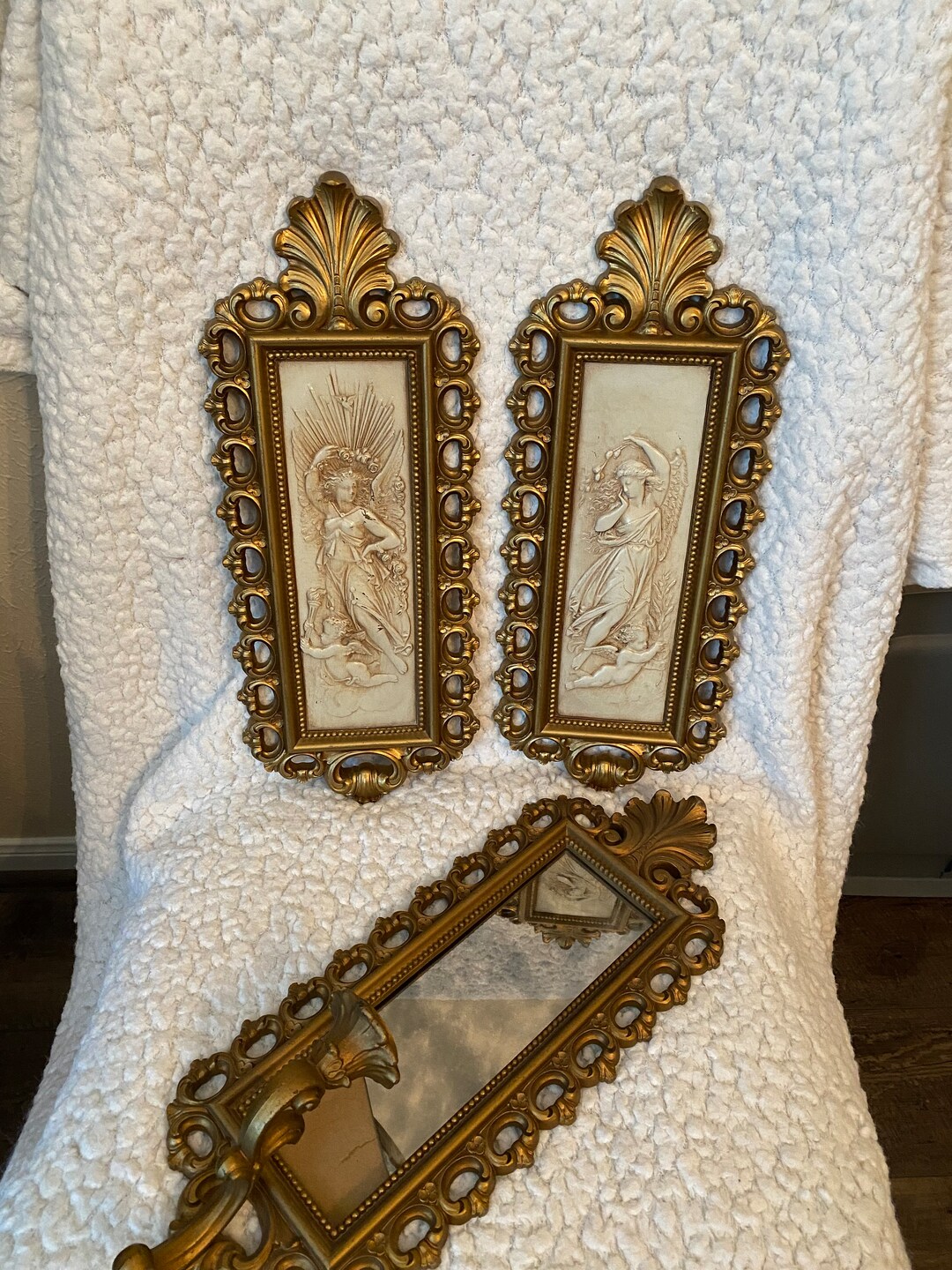 Vintage Gold Wall Ornate Angel Cherub & Candle Holder Set Etsy