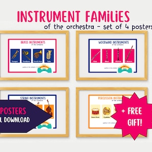 Music Posters - learn the instrument families of the orchestra! Printable, fun, bright music posters, perfect for learning at school/home.
