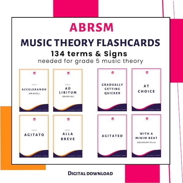 Music Theory Flashcards | Terms & Signs for ABRSM Grade 5 Music Theory | 134 printable flashcards for exam revision | Music Theory Resources