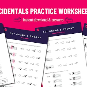 May include: Four printable music theory worksheets for Grade 5 students. Each worksheet focuses on a different aspect of accidentals, including sharps and flats, double sharps and flats, and enharmonic equivalents. The worksheets feature musical notation and piano keyboard diagrams.