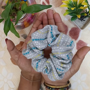 Handcrafted Grey Dot Scrunchie Set – 100%  Cotton Hair Ties in Medium & Oversized | Artistic Everyday Hairwear | Stylish Hair Accessories .