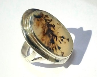 Anillo ovalado de ágata dendrítica, plata de ley 925, piedra preciosa paisajística