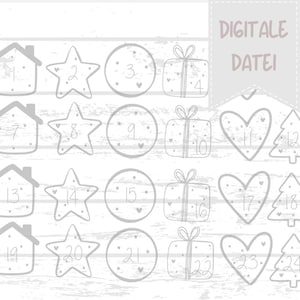 May include: A collection of hand-drawn, gray-colored Christmas-themed illustrations. The set includes houses, stars, circles, gift boxes, hearts, and Christmas trees, each numbered from 1 to 24. The text "DIGITALE DATEI" is also present.