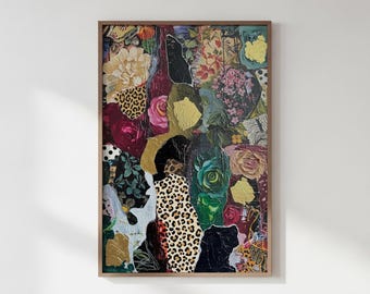 Elegant Red Green Leopard-Roses-Botanical Abstract Print: Modern Wall Art(Digital Download)