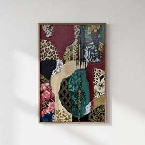 Elegant vinröd och djupt blågrön abstrakt tryck: Modern väggkonst, leopardblommor (digital nedladdning)