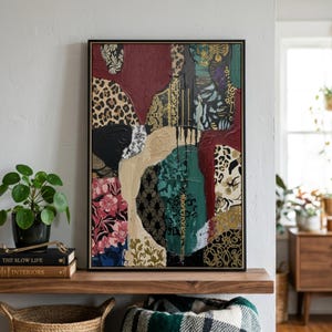 Elegant Burgundy & Deep Teal Abstract Print: Modern Wall Art, Leopard Floral(Digital Download)