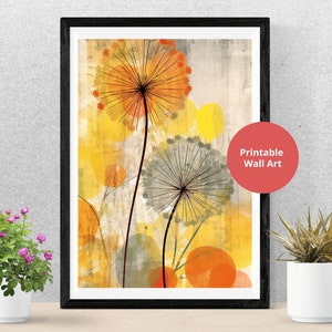 Dandelion Print Wall Art, Pretty Printable Vintage Dandelion Painting - Digital Download Flower Art