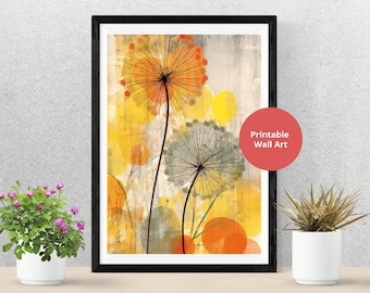 Dandelion Print Wall Art, Pretty Printable Vintage Dandelion Painting - Digital Download Flower Art