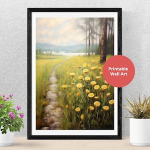 Dandelion Print Wall Art, Pretty Printable Vintage Dandelion Painting - Digital Download Flower Art