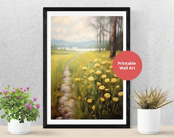 Dandelion Print Wall Art, Pretty Printable Vintage Dandelion Painting - Digital Download Flower Art