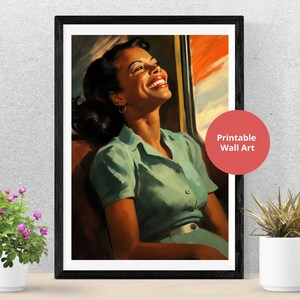 Black Woman Retro Wall Art, Joyful African American Woman Print, Vintage Black Woman Printable Painting - Digital Art Download
