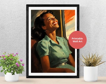 Arte de pared retro de mujer negra, impresión alegre de mujer afroamericana, pintura imprimible de mujer negra vintage - Descarga de arte digital