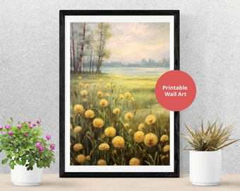 Dandelion Print Printable Wall Art, Vintage Floral Dandelion Flowers Botanical Prints - Digital Download Art