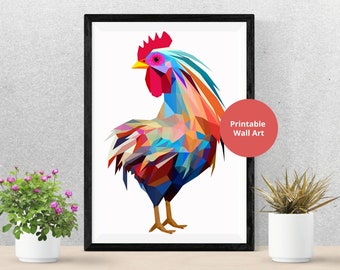 Kitchen Wall Art Print, Colorful Kitchen Rooster Chicken Farmhouse Cottage Decor - Digital Art Download