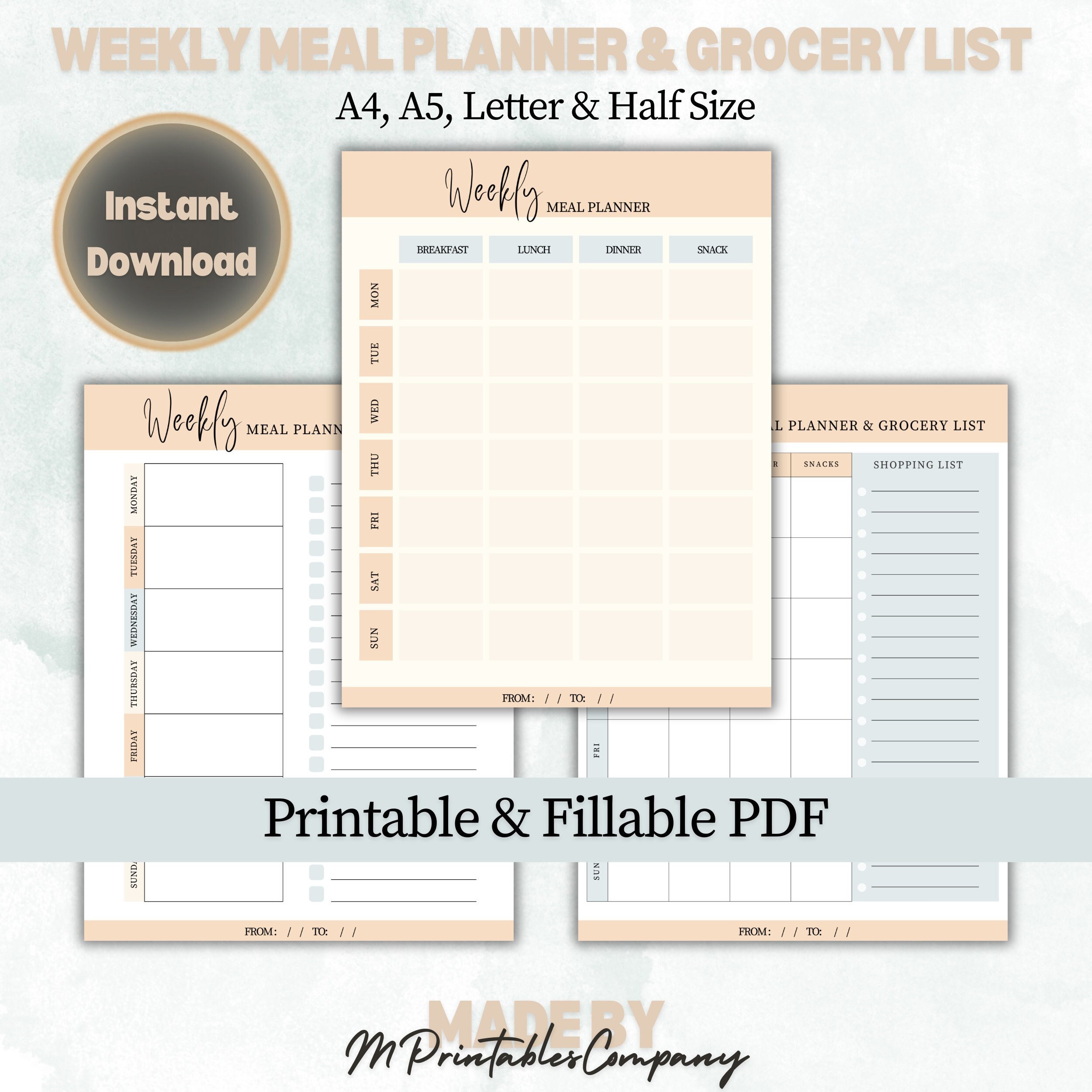 Weekly Meal Planner With Grocery List Template | 7 Day Menu Plan ...