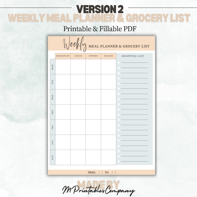 Weekly Meal Planner With Grocery List Template | 7 Day Menu Plan ...