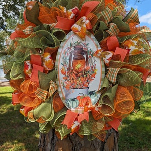Herbstlaterne, orange, grün, Netzkranz Blätter