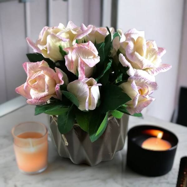 Bouquet de fleurs fait à la main, Roses roses en céramique élégantes, décoration de Table, cadeau pour femmes