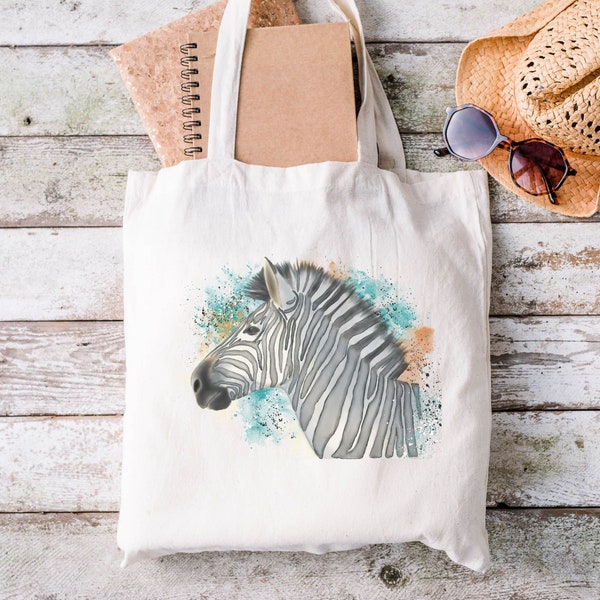 Watercolor Zebra Tote Bag, Reusable Bag with Original Digital Artwork by IzzyDeee, Gift Idea for Animal Lovers