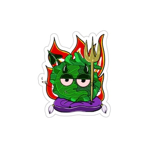 May include: A sticker featuring a cartoon image of a green cabbage with devil horns, a golden trident, and a lit cigarette. The cabbage is on a purple pillow, surrounded by flames.