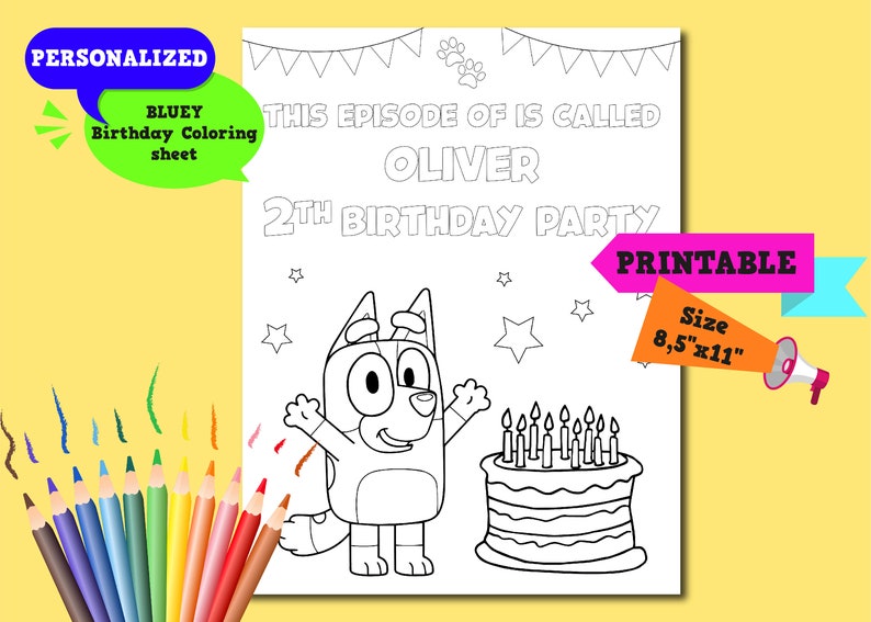 Bluey Coloring Sheet, Bluey Birthday, Personalized Birthday Coloring ...
