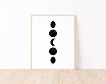 Minimalistische Boho Celestial Wand Kunst zum Ausdrucken - Mondphasen, Digital Download, weiße Lichtsterne