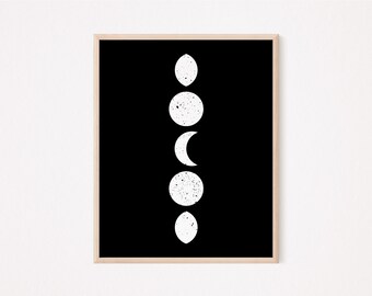 Minimalistische Boho Celestial Wand Kunst zum Ausdrucken - Mondphasen, digitaler Download, schwarze dunkle Sterne