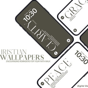 Puede incluir: Cuatro maquetas de pantalla de teléfono con fondo blanco. Cada pantalla de teléfono muestra una palabra diferente: "Claridad", "Paz", "Gracia" y "Paciencia". Las palabras están en una fuente moderna y minimalista y van acompañadas de una breve cita sobre cada palabra. La hora en cada pantalla de teléfono es las 10:30.