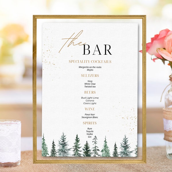 Winter Bar Menu Sign Template, Christmas Holiday Wedding, Winter Wedding Bar Menu, Bar DIY | Evergreen