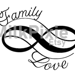 Può includere: Grafica in bianco e nero di un simbolo di infinito con le parole "Family Love" scritte in corsivo.