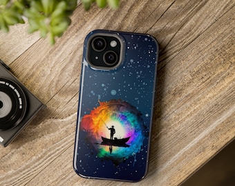 May include: A phone case with a colorful abstract design featuring a silhouette of a person fishing in a boat. The background is a dark blue with white stars.